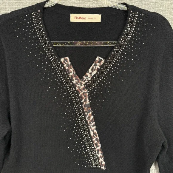 ElsMorr Women Top Sz L Black‎ Beaded Leopard Trim V Neck Long Sleeve Tunic Glam - Picture 2 of 12